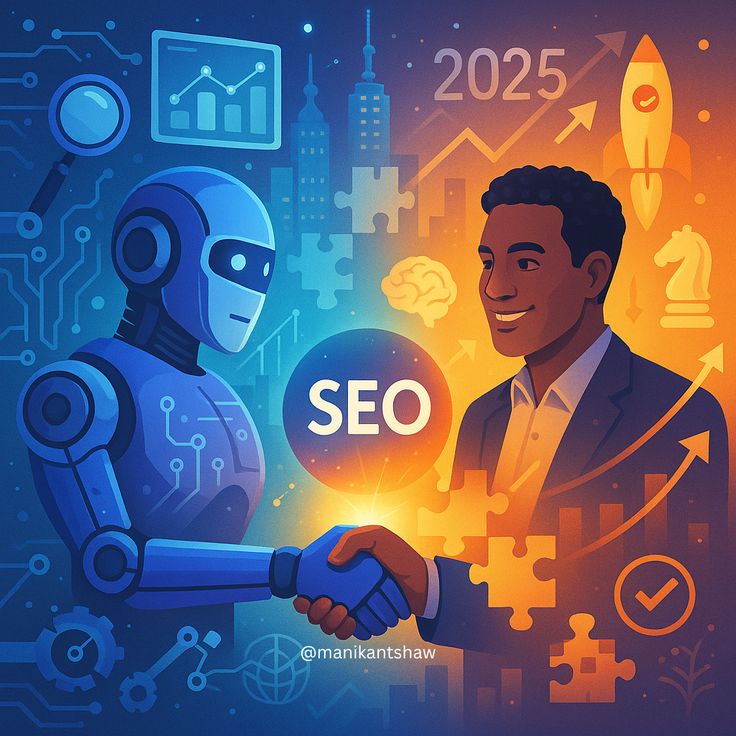 image of a robot and a man handshaking how does SEO work in Ai era
